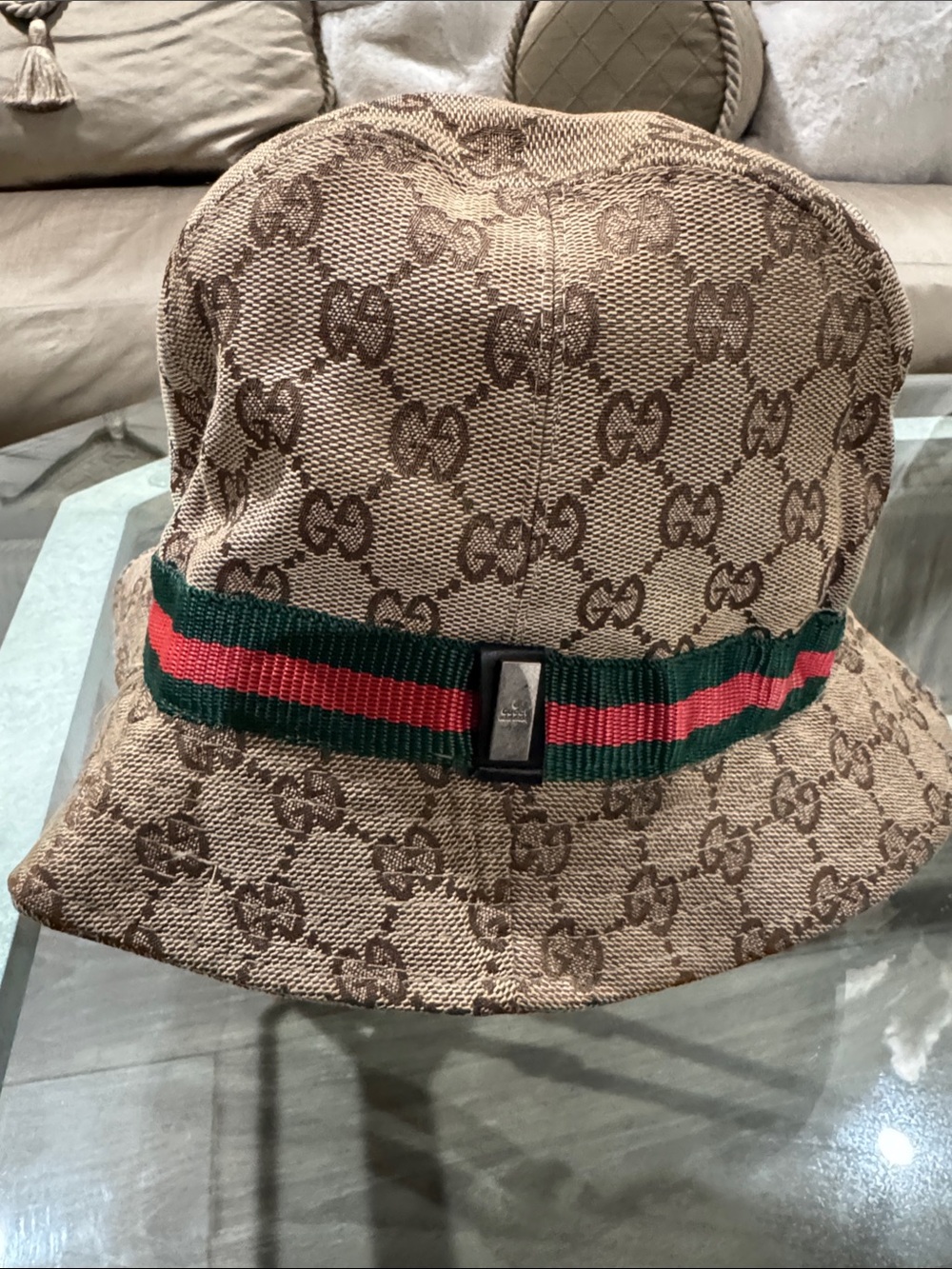 Gucci Beige/Brown Monogram Bucket Hat with Green-Red Web